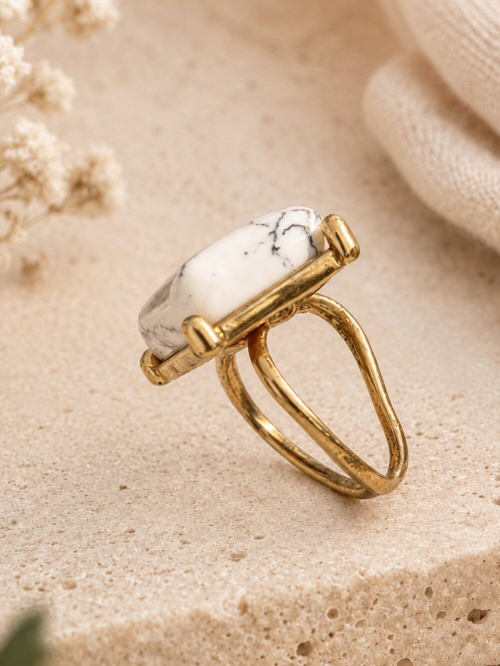 Rectangular White Howlite Ring in a Gold Setting | Sz 7.5